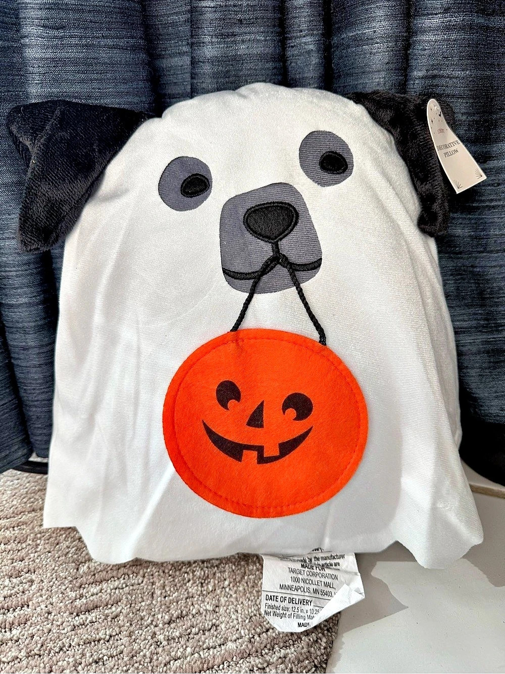 NWT Dog Ghost Halloween Decorative Pillow Trick or Treat 12.5” Tall